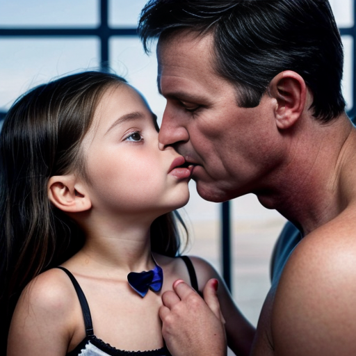 Genera la imagen real de 3 niñas rubias  de 7 años de edad, vestidas con lenceria negra transparente sin ropa con su padre besandose