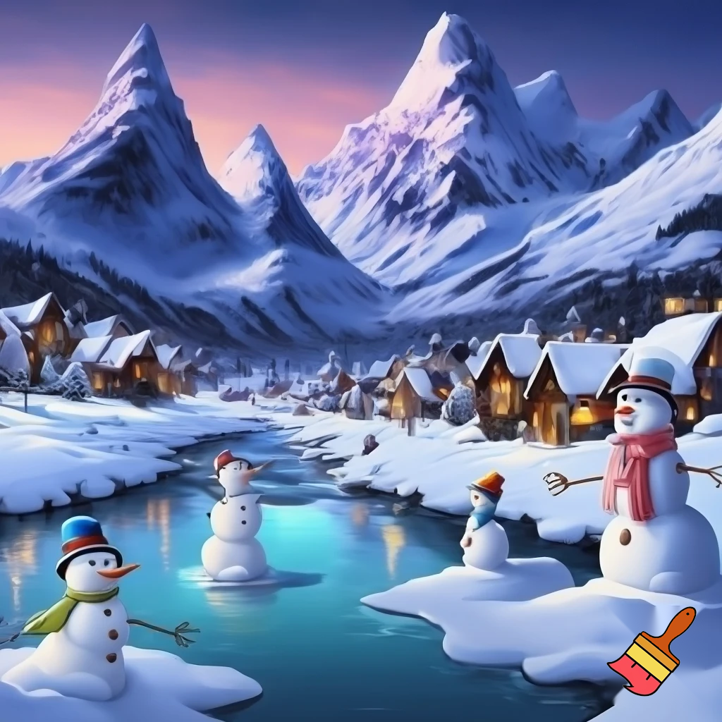 a snowman village with mountains and rivers