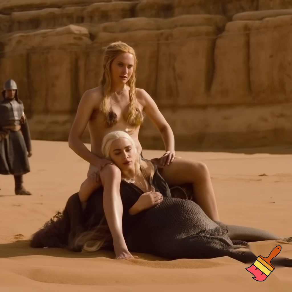 Cersei Lannister and Daenerys Targaryen fighting in the desert, Cersei Lannister is sitting astride on top of Daenerys on the ground .both are naked and all sweaty 
