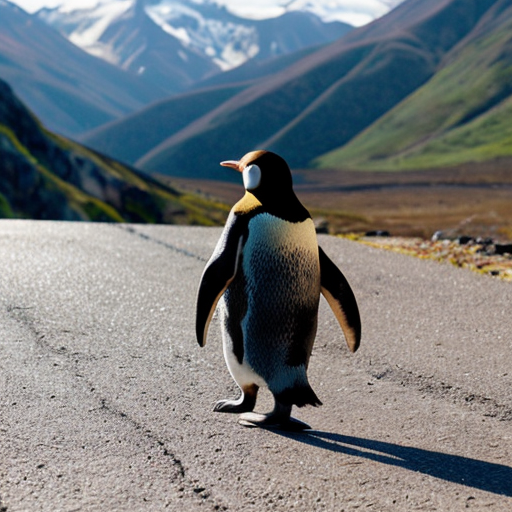 a ginger penguin walking to the mountains