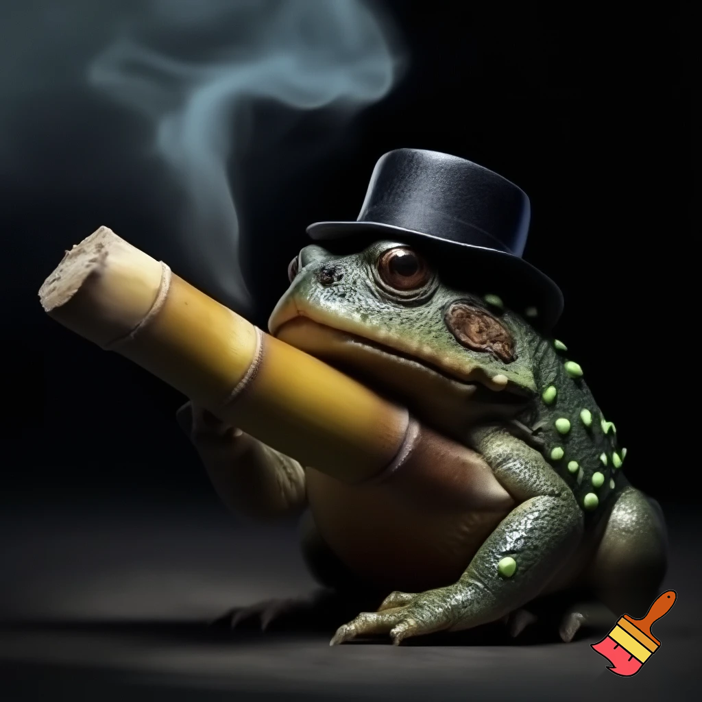a toad with dark green skin and small little light green glands with a frown smoking sugercane plant with a short tophat in a mughshot 