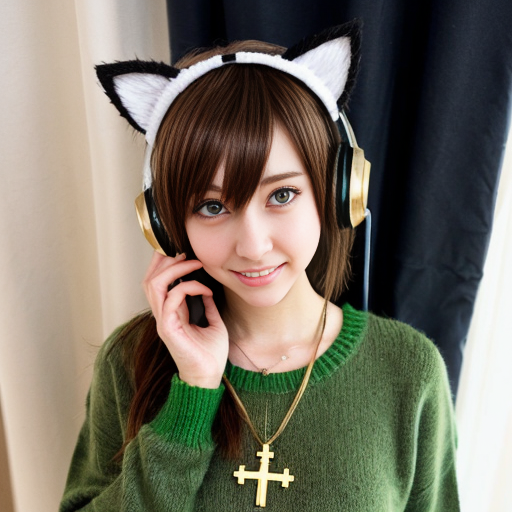Make a cute anime girl with brown hair and has green eyes and has dark green curtain bangs and has cat ears and a green sweater and black headphones on her neck and has a gold cross necklace and small gold hoop earrings 