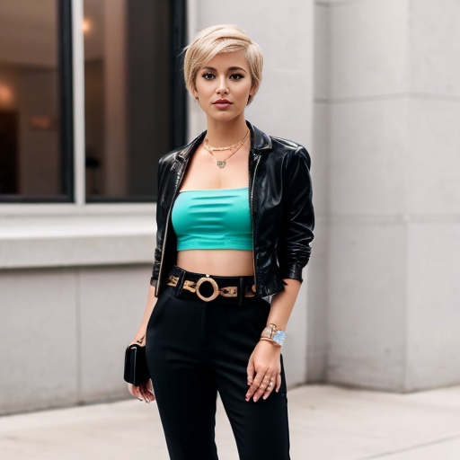 Attractive woman with an ash blonde pixie cut and a slim build wearing bold makeup, minimal jewelry, a cropped jacket, a bandeau top, cigarette pants with a belt, and peep toe chunky heels 