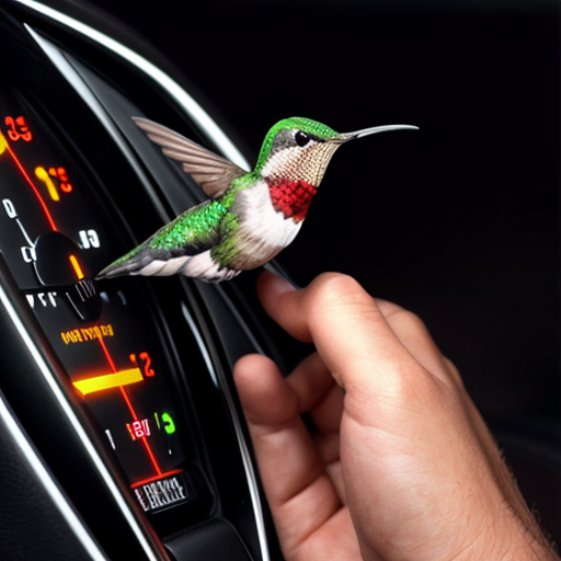 Create an image of a hummingbird with a speed gauge like in a car, with mph, on it that is red lining which means the line is in the red and going really fast, make it highly detailed.
