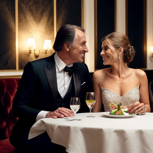 From a comedy film from the 1970s: In a luxury restaurant: An elegant couple is sitting at a table eating dinner. An elegantly dressed, very elderly and stocky waiter stands next to the table and addresses the couple. Elegant ambience, subdued lighting, comical atmosphere.