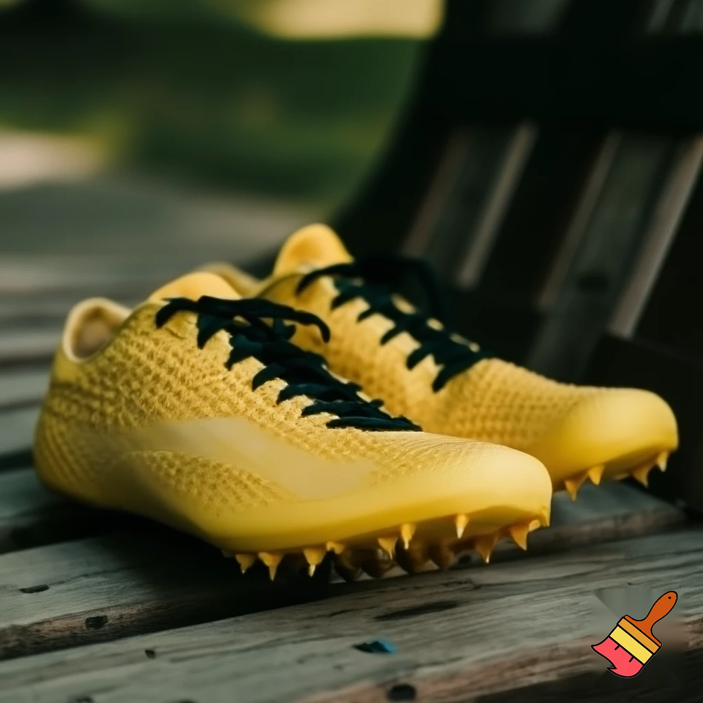 gold-yellow track shoes with black laces on a bench
