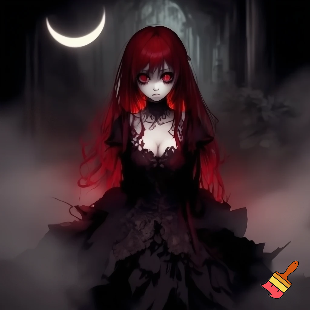 Creepy anime girl with red hair
