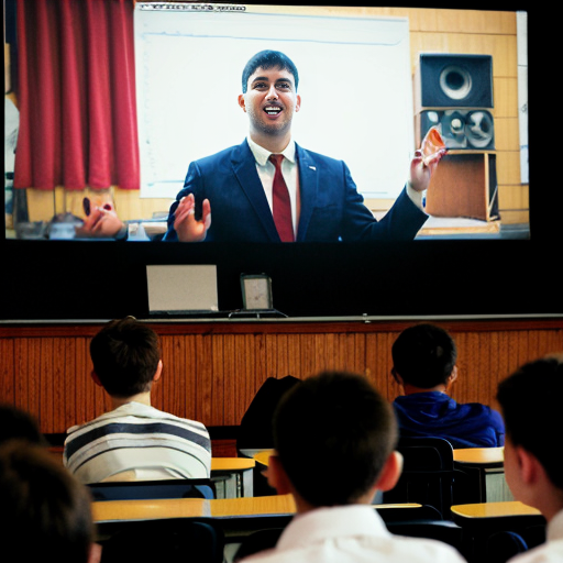 Students watched a recording of the speech delivered at a boys school assembly 
•	The speaker begins in a calm voice and pauses briefly before the word “future.”
•	When he says “the potential of our youth,” he raises his voice for emphasis.
•	He points toward the students sitting in front of him and smiles.
•	A large screen behind him shows images of rockets launching and students studying in classrooms.
•	The audience begins clapping before the speech ends, and the speaker nods in response.
