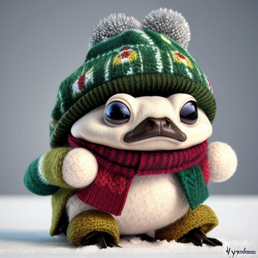 A laughable, puzzled animal toad in woolen, multicoloured winter clothings with woolen winter cap. Hyperrealistic style.