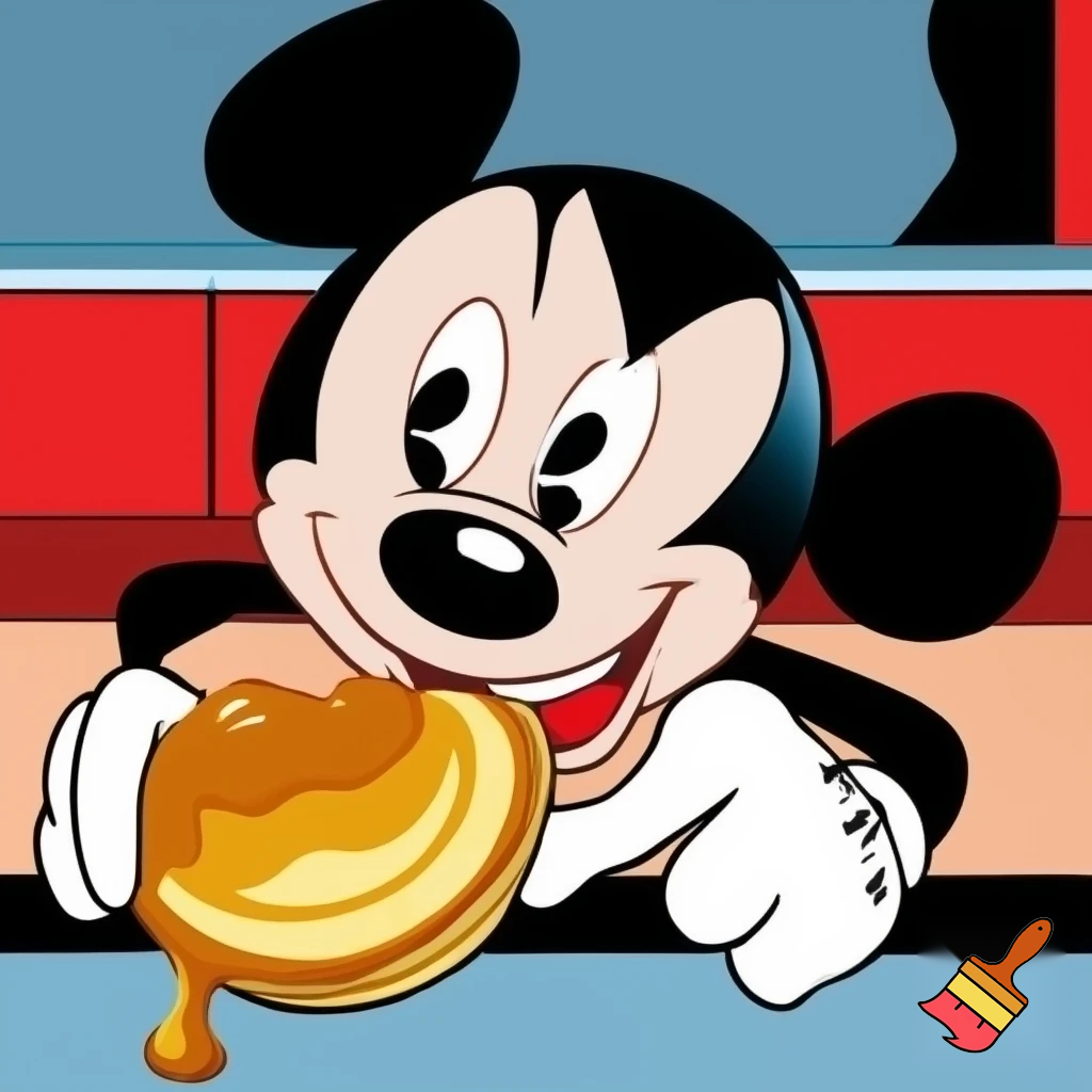 mickey mouse (paul rudish shorts visual style) eating a pancake.