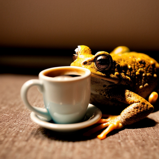A hillarious, funny boho toad with some hippie colored coffee cups. Psychedelic decorated background, hyperrealistic. Close-up view.