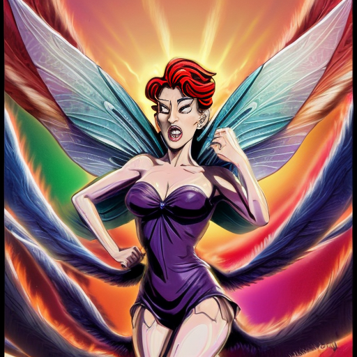 Színes, képregény-stílusú, szürreális jelenet: francia, flancos úrihölgy irigy és haragos a gyönyörű vöröshajú tündérre. Úrihölgy ellopja Hermész szárnyas saruját az Olümposzról, idő száguld a végtelenbe, hatványozottan tündöklő tündér veszélyben. Túlzó arányok, humoros, dinamikus, kaotikus, élénk színek, szürreális képregény-hatás.”