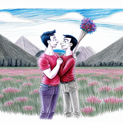 a pencil drawing in a cartoon style of 2 men holding each other romantically, one is muscular and has a short beard, the other is extremely thin and has a cane, put them in a field of flowers with nothing around but blue sky and mountains