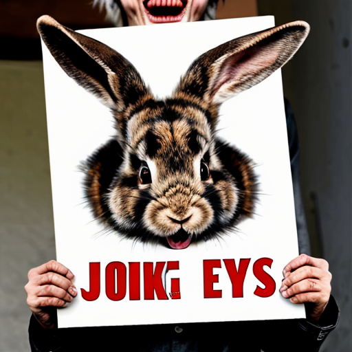 European rabbit, red glaring eyes, sharp teeth and fur, holding a sign, angry face, joker smile
