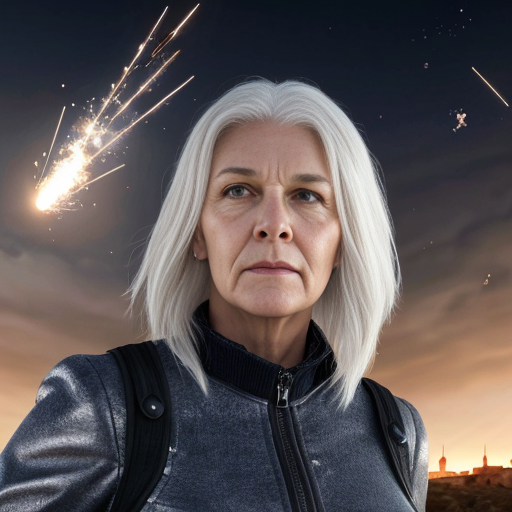 white-haired woman watches as meteorites fall on her castle