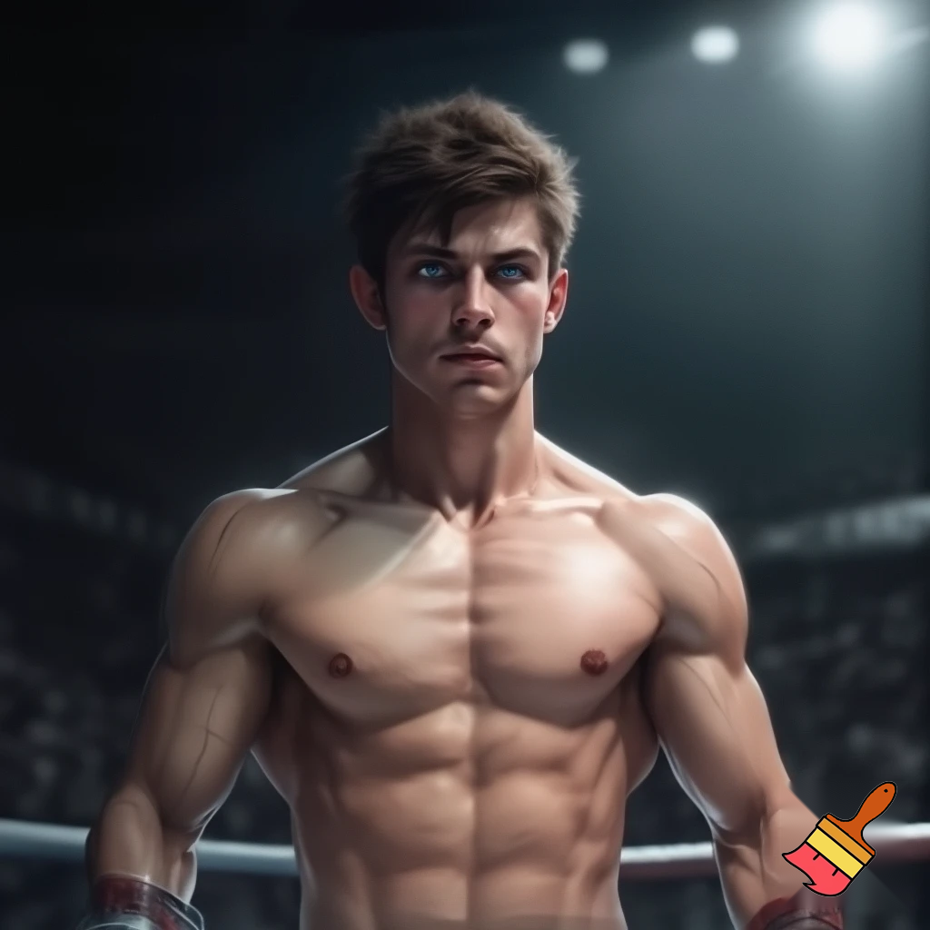 A mixed martial artist who has gone down two weight classes for a fight. His cheeks are sunken and his ribs are visible and his muscles stand out alarmingly. Nonetheless, he stands tall and steady. His eyes are watery blue, his hair is brown and his ears stick out. 