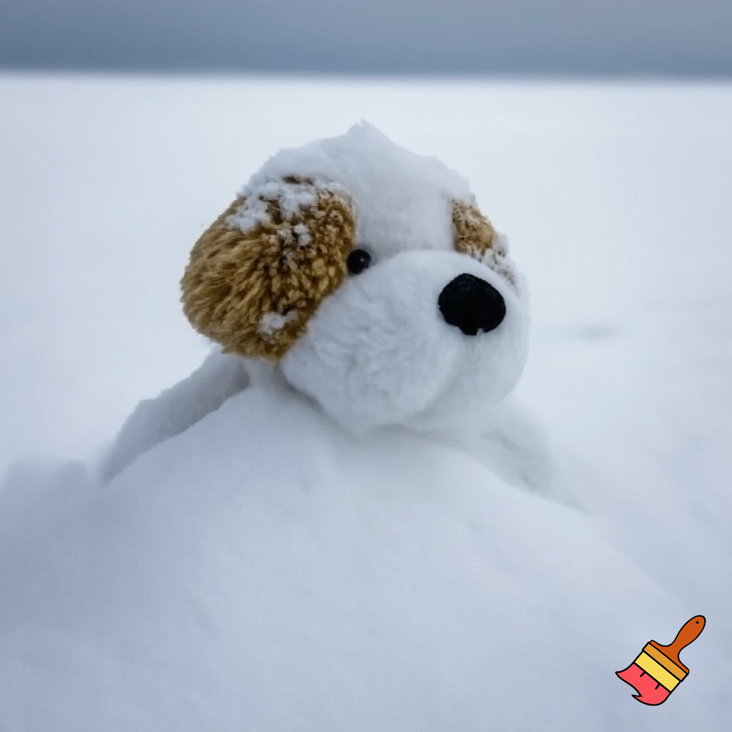  a dog kid size stuffed animal with the stuffing still inside and he’s getting buried in very, very deep snow