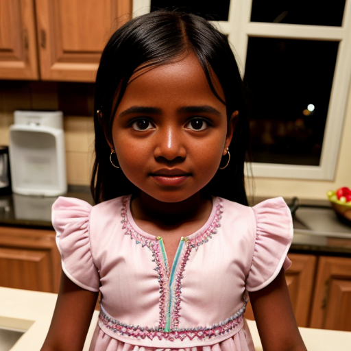 sudanese little girl at night dress, very beautiful and eager, on the kitchen, close up