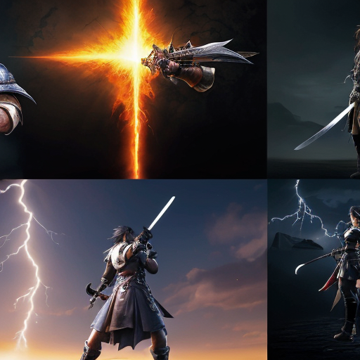 A 16:9, Landscape format, 4k resolution Final Fantasy wallpaper for a Magic playmat, featuring a collage of the Warrior of light using the final Fantasy 14 Job Change to use the Signature weapons of final Fantasy Main Charakters Like squalls gunblade, lightnings blazefire sabre, sephiroths katana and some more