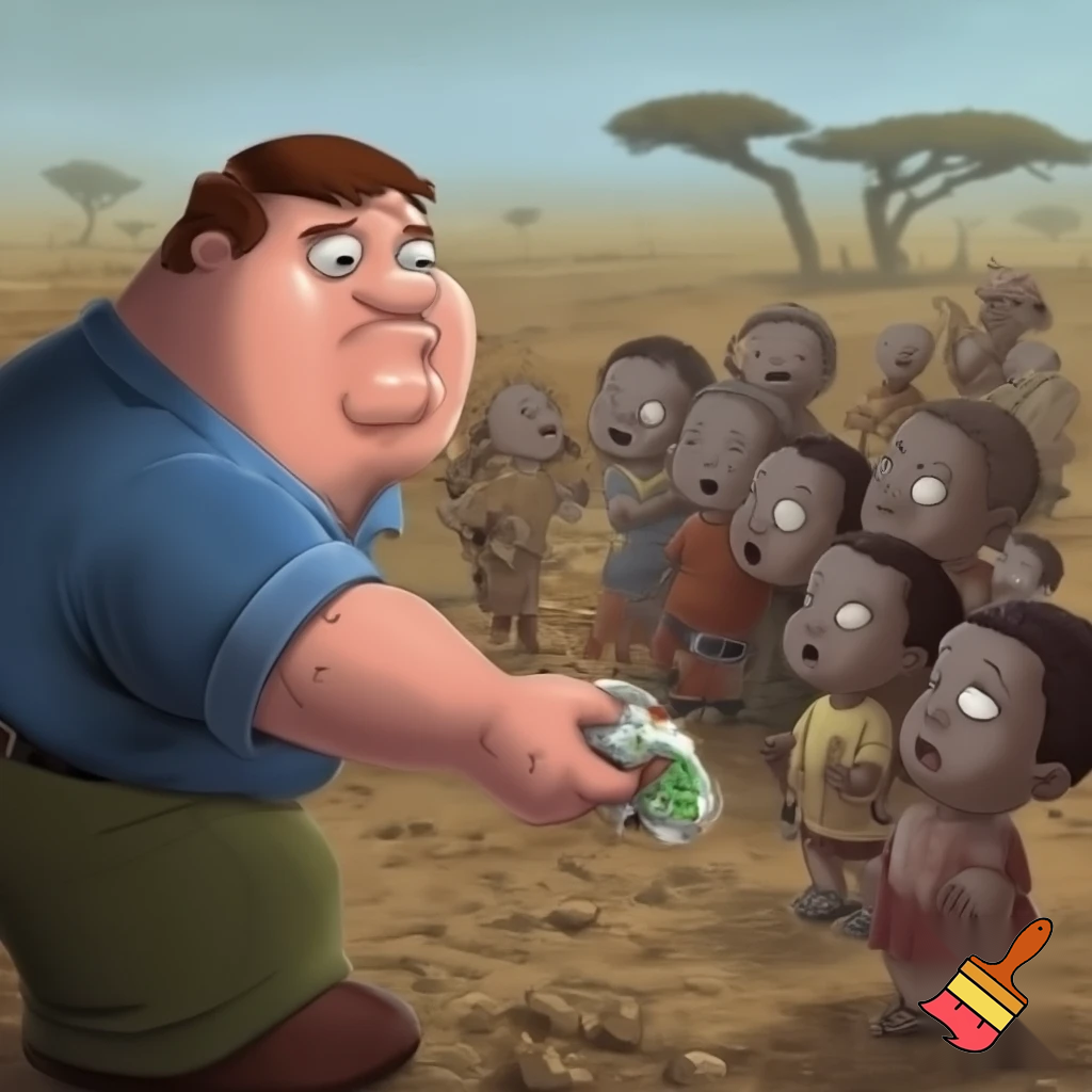 make peter griffin give away food in africa to kids but make them not cartoon