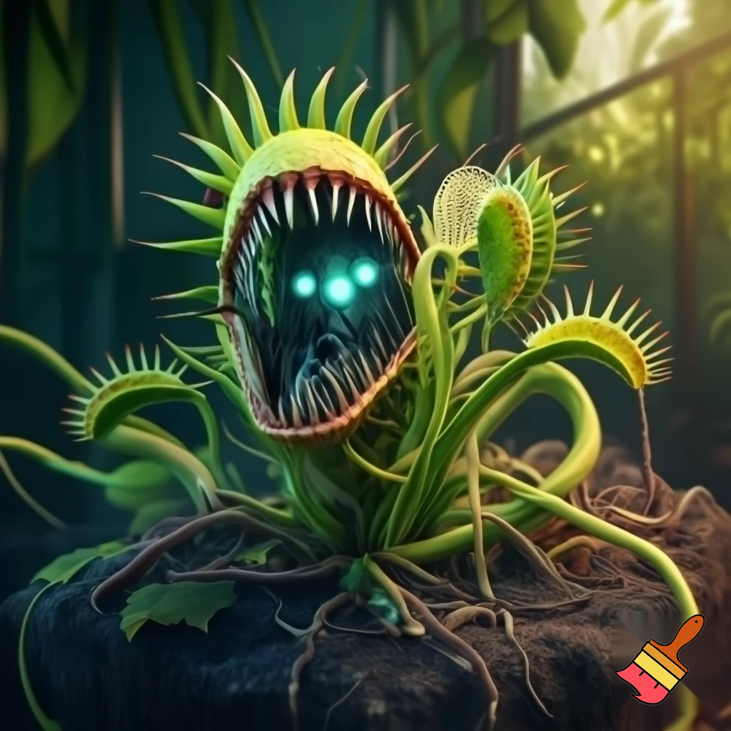 a venus venus flytrap with robotic eyes, and vine arms and legs