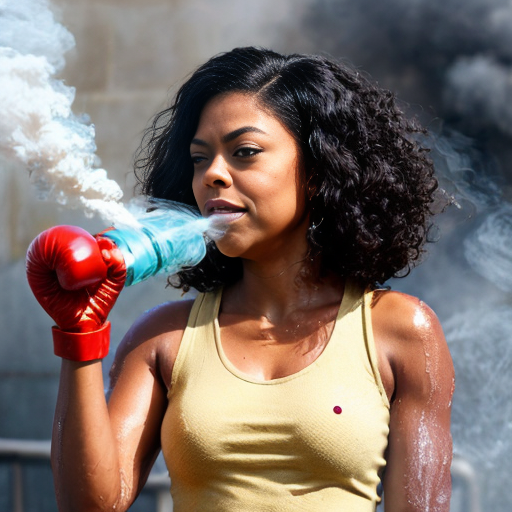 Taraji P. Henson as an FBI one beige fur jacket and yellow beige tank top red and yellow dots and blue jeans with long curly thick hair 20th Century Fox spray sprinkling water TNT stone smoker *punch*
