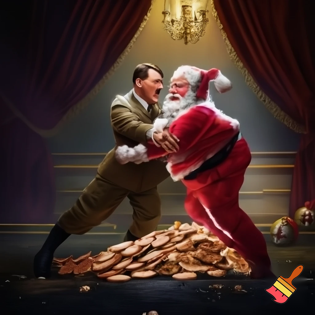 Adolf Hitler and Santa fighting over Christmas cookies