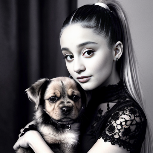 ariana grande holding her dog ,she is wearing a black lace top ,her dog is black & white selfie angle ,pink filter aesthetic dusty aesthetic 