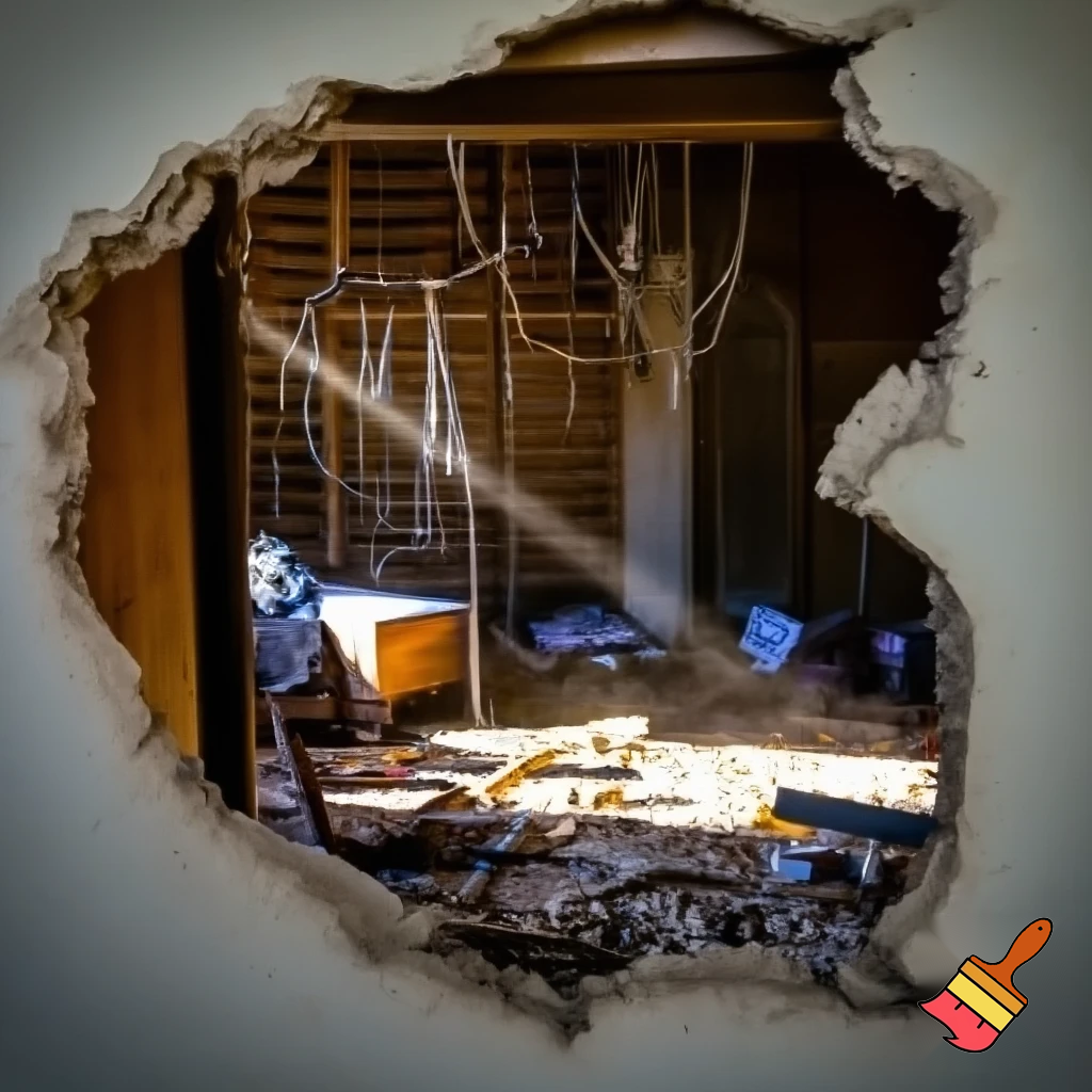 Broken wall, a big hole in the wall wall bedroom wall
