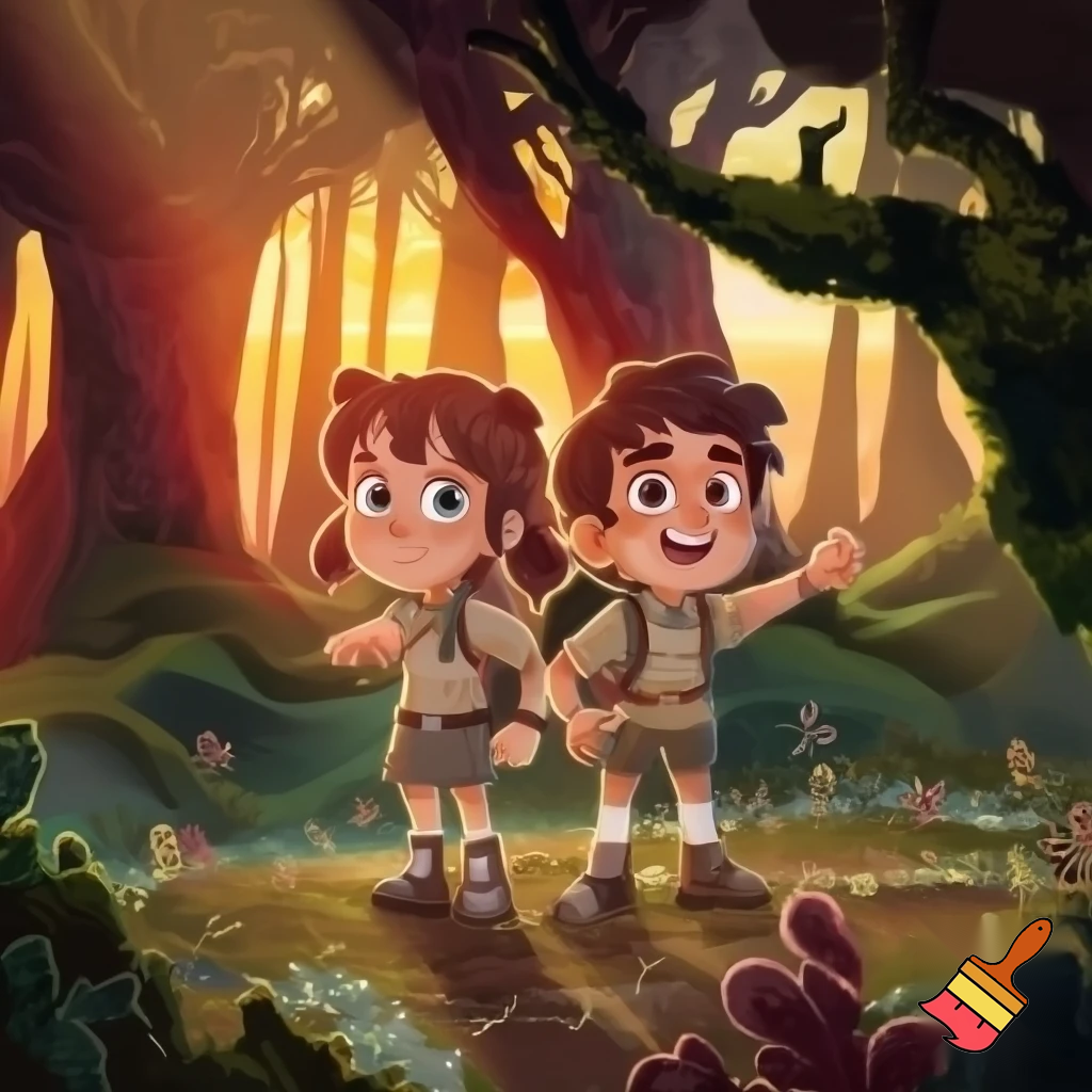 Two kids one girl one boy back to back in a forest sunset adventure  cartoon