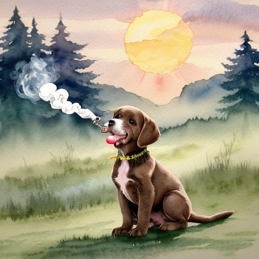 Roztomilé celé hnědé štěně drží v tlamě klacek, z kterého se na konci kouří, stojí proti zapadajícímu slunci, kolem louka a les. Kouř tvoří jemný obláček. Pohádková ilustrace, měkké světlo, dětský akvarel, hravá atmosféra.