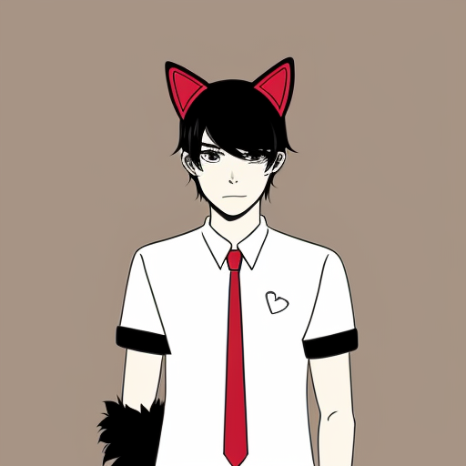 anime teenage boy with red eyes, black hair, white cat ears, a white shirt
,  black gloves with one love heart per glove and a brown cat tail with a white stripe near the tip.