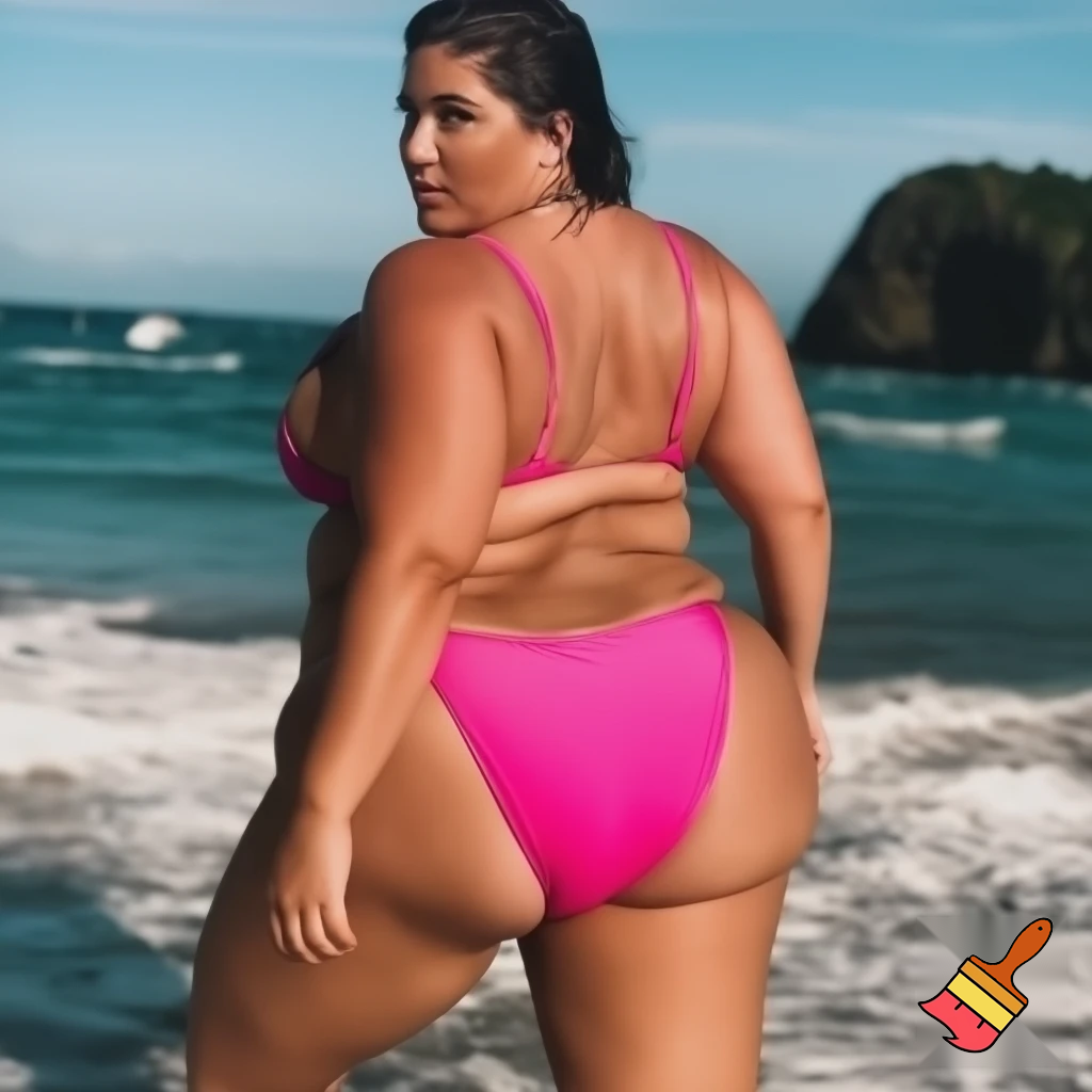 
Let's say a chubby woman in her 30s, wearing only the top part of her pink bikini, that is, her bra. Her back is turned to the camera and her hips are completely exposed