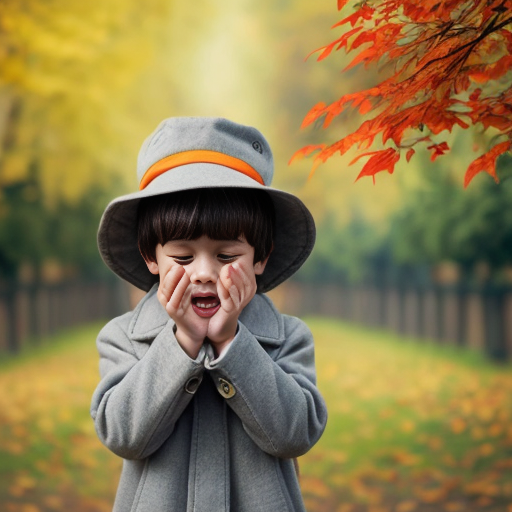 create only one image of A child holding onto a hat as leaves blow sideways; trees bending; swirling wind lines Grey-blue wind swirls, green and orange leaves, brown tree, blue coat in cartoon style