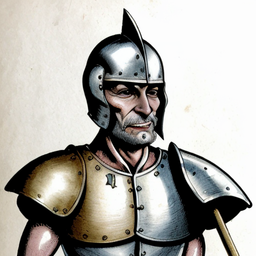 Illustration of Don Quixote.
Thin old knight, tall, wearing old armor, helmet, holding a lance.
Crazy but noble expression.
17th century Spain.
Classic book illustration style, antique, soft colors, detailed drawing.
White background for infographic.

