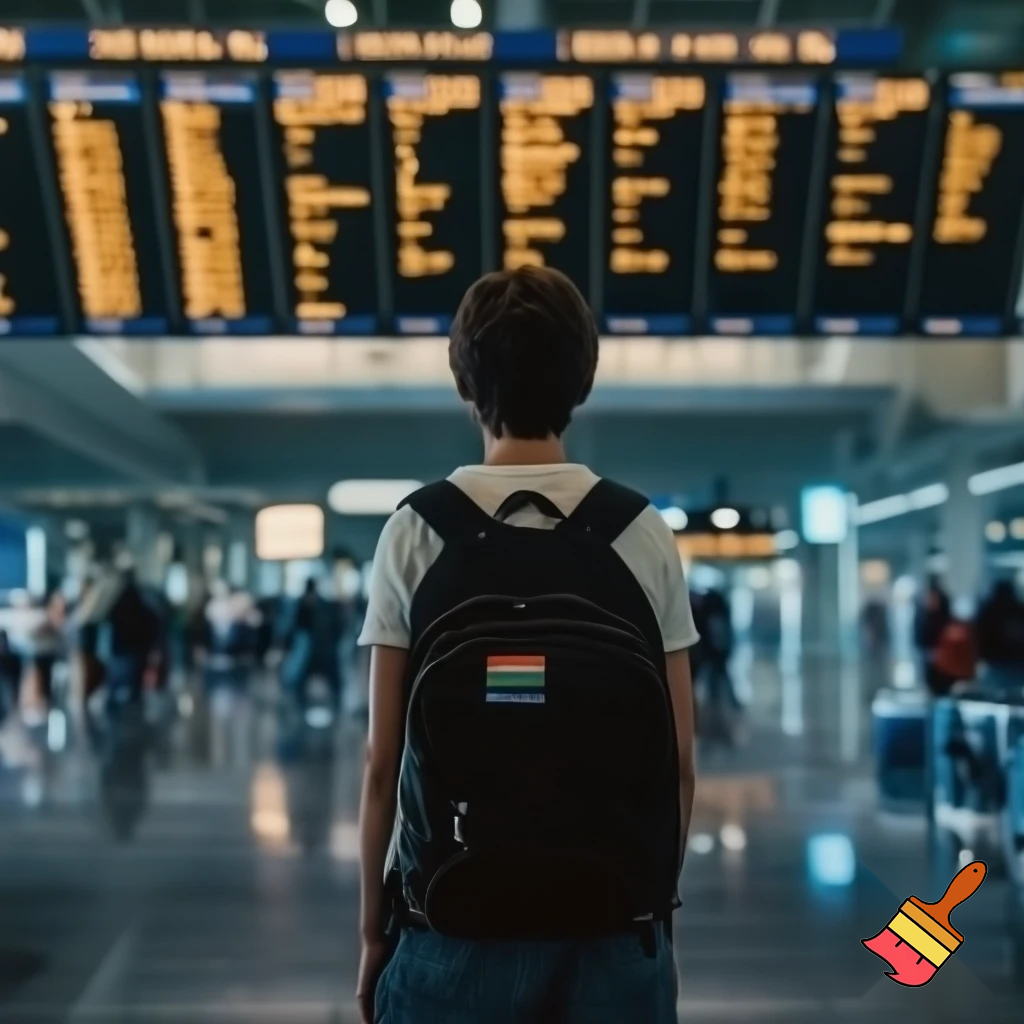 „Eine authentische Szene in einem modernen Flughafen. Man sieht eine junge homosexuelle Person von hinten, lässig gekleidet, vielleicht mit einer leichten Andeutung von Pride-Accessoires wie einem kleinen Regenbogen-Patch am Rucksack. Die Figur steht aufrecht, schaut auf die großen Abflugtafeln. Um sie herum herrscht realistisches Flughafenlicht: kühle, klare Beleuchtung, leichte Spiegelungen auf dem Boden, Menschenströme in der Ferne. Der Fokus liegt auf der Person und ihrem Rucksack, die Atmosphäre wirkt lebendig und glaubwürdig. Keine übertriebenen Farben oder künstliche Posen, sondern eine natürliche Momentaufnahme im Stil eines dokumentarischen Fotos.