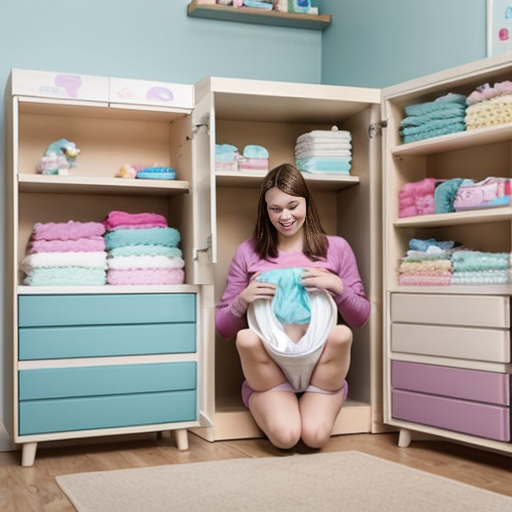 Ein Kinderzimmer mit Wickelkommode. Auf der Wickelkommode liegt ein 160cm großes Mädchen, dass eine volle Pampers-Windel trägt. Vor der Wickelkommode steht eine 21 jährige blonde Frau die Gummihandschuhe trägt. Mit einer Hand drückt die Frau beide Beine des Mädchens hoch, mit der anderen Hand wechselt sie dem Mädchen die Pampers-Windel