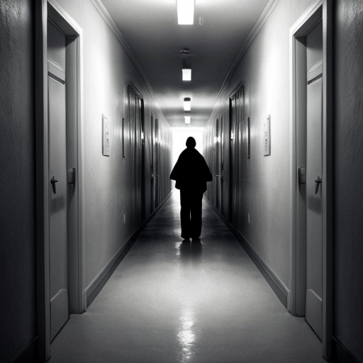 a vey scary mental hospital hallway with 6 silouttes of people with needles make it scary