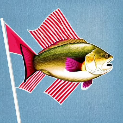 Make me a cool flag with a bass fish 
on it like the American flag but light blue and pink

