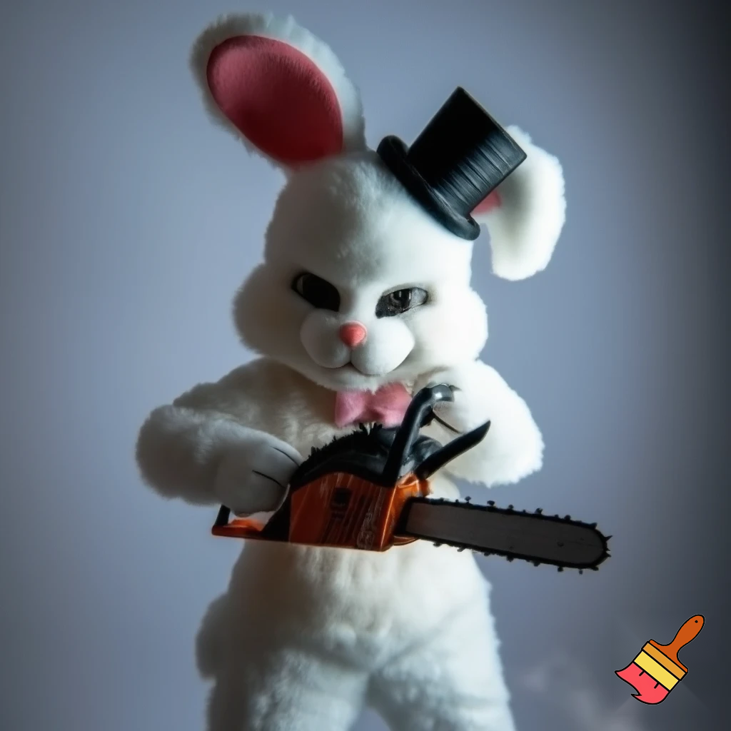 Easter bunny with a chainsaw with a top hat mascot costume
