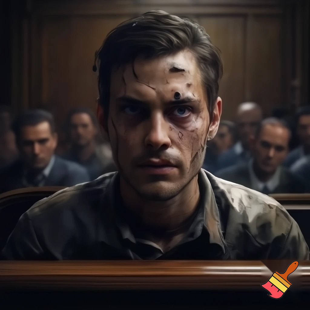 Portretul unui bărbat tânăr încă, cârciumar, copleșit de vină, 8n boxa acuzaților, la propriul său proces. 