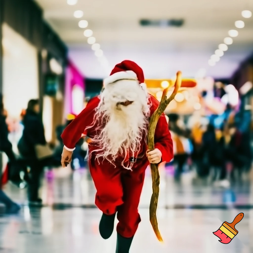 Santa Claus running with the walking stick running with his magic walking stick walking in the shopping centre with the walking stick magic staff walking stick affectation