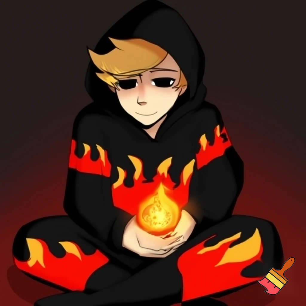 •	“Create a humanized character based on this Minecraft skin design, posed like the left stick figure, sitting casually with one hand holding fire”
	•	“Transform this Minecraft skin into a human character with the same color scheme (black, red, yellow/gold), in a relaxed sitting pose with fire in one hand”
	•	“Humanoid character design based on Minecraft skin: black hoodie with red and yellow flame details, sitting cross-legged, holding fire, simple stick-figure style”
More detailed version:
	•	“Character design: human/humanoid figure sitting in relaxed pose (cross-legged), wearing black clothing with red and yellow flame patterns, holding fire in one hand, simplified/stylized art style similar to stick figures but with more form”
Tips for better results: