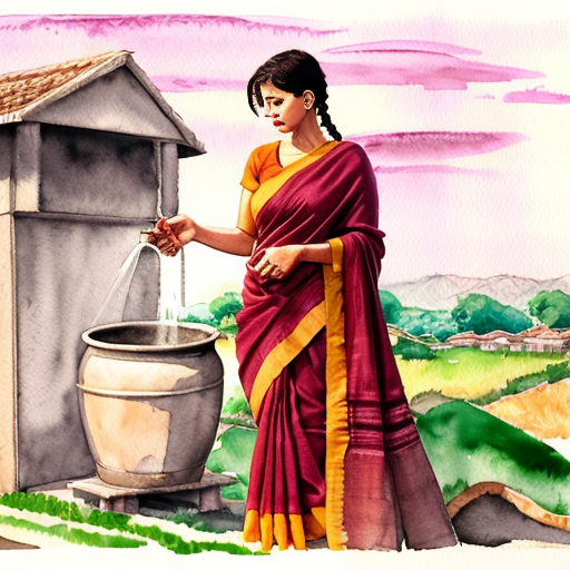 Studio Ghibli style watercolor 1990s rural Tamil Nadu village,
same mother character (28 yo, maroon cotton saree with jasmine braid),
drawing water from village well, brass pot, golden morning light, dust