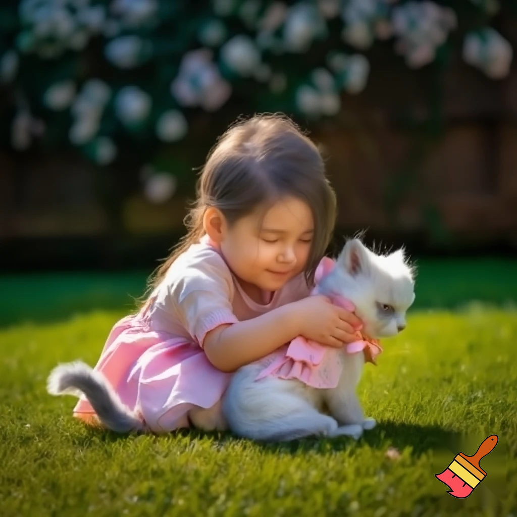 a dog with a cat tail, pink dress and a bow and a little girl hugging it
