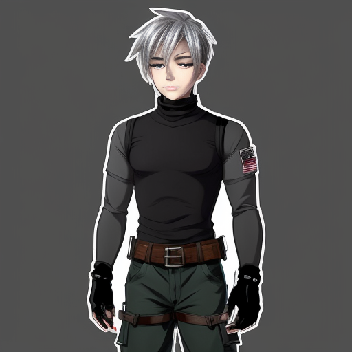 an anime boy, grayish short spikyish hair (but not too short) a red
left eye, with a scar, right eye is white, white skin (like a cloud) a choker,
skintight turtleneck that covers his hands like gloves, grayish black big
cargo pants with Keychains, black combat boots, some belts, and two guns
on each side of his waist, (character sheet), make him feminine and skinny, 