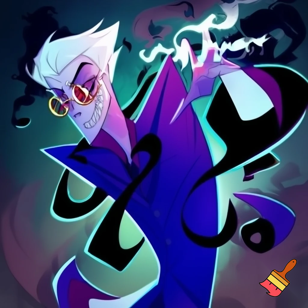 A tall, lean pale man with white hair, distinctive round brass glasses he has a stern look on his face. his face In cartoonish art style of hazbin hotel wearing his signature blue overcoat with black sinister smoke curling around him his hand reaching out, producing the black sinister smoke