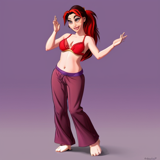 90's disney's 2d aladdin style comic dark black background and panels of 
panel 1 purple haired Ponytail shantae with red harem pants and red bra and red curved slippers with both hand palms place together and hiding the bottom of her mouth with a red veil wrapped around her arms and shoulders. 
panel 2 she danced with red harem pants with red bra and red curved slippers and red veil wrapped around her arms and shoulders and raising legs and bounced up and down her belly and shook her hips left and right. panel 3 as Shantae with red harem pants and red bra and curved red slippers spreading her arms, happily revealing her face to the viewer and giving a smile as she turns around shook her butt left and right. 
Panel 4 as purple haired Ponytail shantae with red harem pants and red bra and red curved slippers started to fading away , except her belly, which is bouncing around. 
Panel 5 then the ball transforms into the fading in belly of red haired Ponytail shantae with light purple skin and purple harem pants and purple bra and purple curved slippers and purple veil wrapped around her arms and shoulders with her swaying her hips. 
Panel 6 red haired Ponytail shantae with light purple skin and purple harem pants and purple bra and purple curved slippers and purple veil wrapped around her arms and shoulders and with her hand palms place together between her chest and she gives a smile and winking her left eye.    