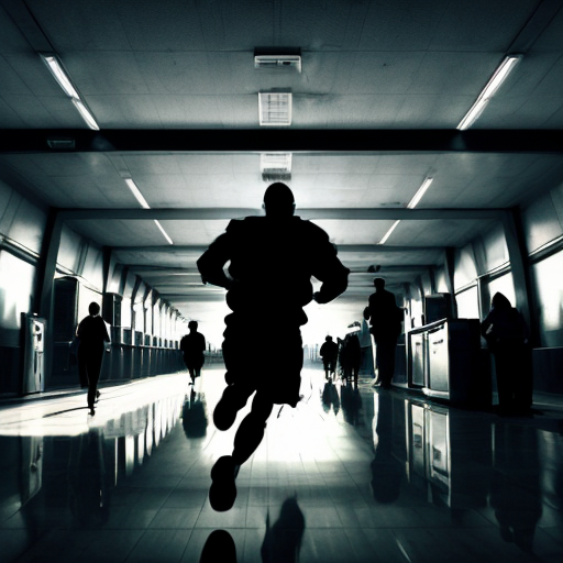 "A dark, eerie airport, with an ominous, distorted atmosphere. The interior is dimly lit, with flickering lights casting long shadows. In the distance, a shadowy figure with glowing red eyes is running towards a frightened young man, whose heart races in fear. The airport seems warped, with the walls stretching and shifting unnaturally. The young man is sweating and breathing heavily, looking back as he sprints toward an open door. The figure chasing him has a twisted, wide smile and jagged black teeth. The clock on the wall is moving backwards at an alarming speed. The air is thick with suspense, the atmosphere cold and foreboding, creating a sense of impending doom."