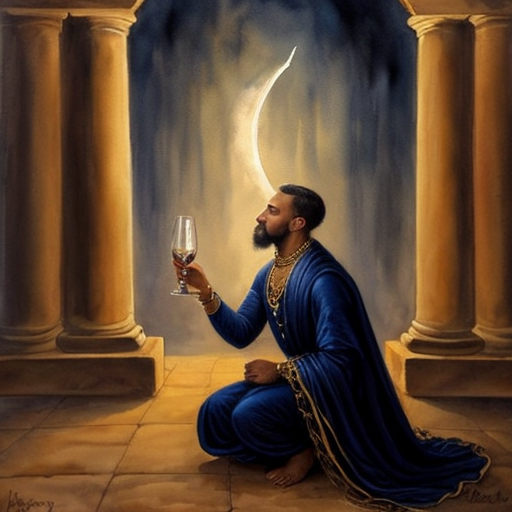 painting. Focus on goddess Desirea, her body covered only by transparent silk veils and thin silver chains. She is leaning forward, offering a glowing ornate chalice. In the foreground, a mature businessman in a sharp dark suit is kneeling, his arms outstretched in desperate supplication to receive the potion. Dramatic contrast between ancient divinity and modern man, ethereal lighting, soft glowing crescent moon, masterpiece, 8k."